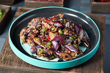 Braised Eggplant with Chili,Minced Pork and Mint Leaves