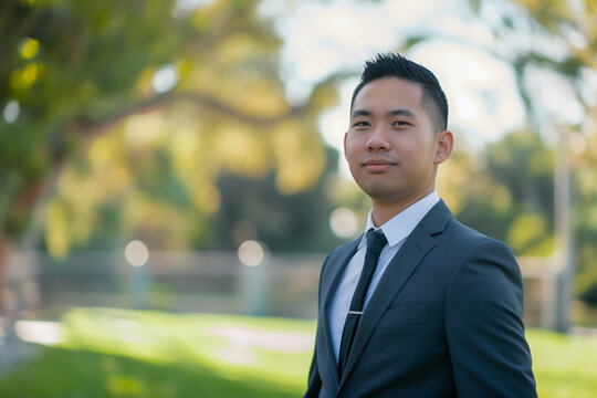 Confident young Asian male in formal suit outdoors