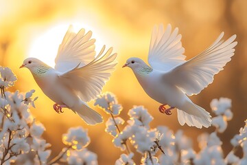 Fototapeta premium Two white doves in flight against a warm sunset sky, their wings spread wide, symbolizing peace and hope amidst a blooming springtime landscape.