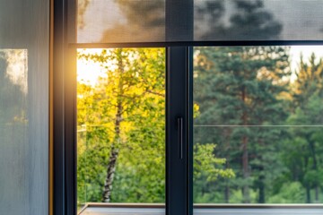 Fototapeta premium Motorized blinds gray color closeup in the window opening. Automatic home grey roller shades and curtains. Modern bottom up privacy shades half raised on apartment windows. Windowsill with plants