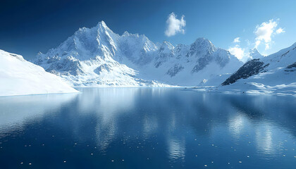 Majestic snow-capped mountains reflected in a tranquil glacial lake under a vibrant blue sky.