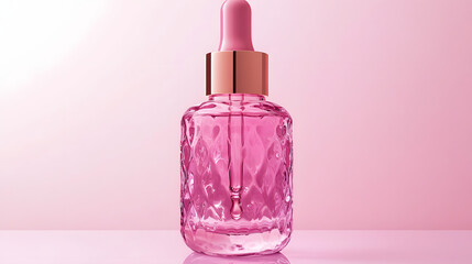 Sophisticated and Luxurious Pink Glass Serum Container with Rose Gold Dropper for Impeccable Product Photography Against a Clear Background