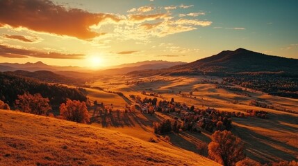 Naklejka premium Expansive Travel Landscape with Rolling Hills at Sunset