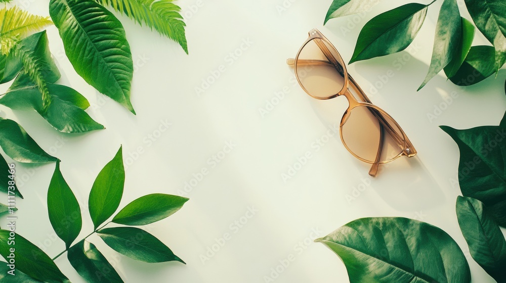 Poster Summer accessories like sunglasses and sunscreen rest on a light backdrop surrounded by green leaves, providing a refreshing vibe. Generative AI