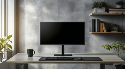 black screen computer monitor standing on minimalist table with industrial design, gray concrete wall background with hanging shelf containing some books, Ai generated images