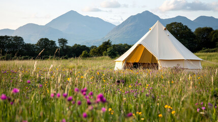 colorful bell tent in meadow of wildflowers with mountains nearby