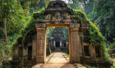 Obraz premium Ancient stone temple entrance surrounded by lush greenery.