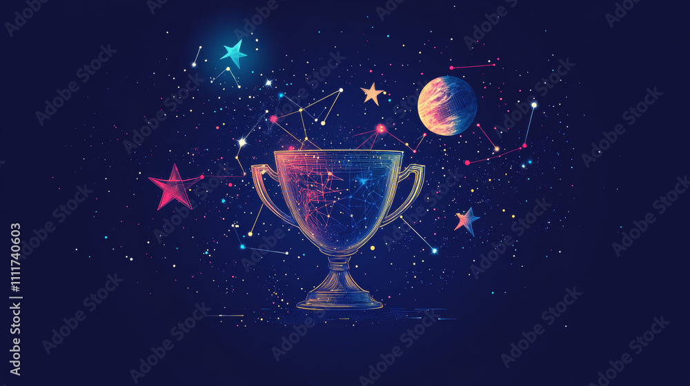 Poster abstract image of a champion cup in the form of a starry sky or space, consisting of points, lines, 