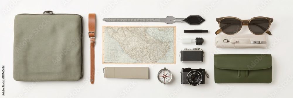 Poster Explore must-have travel essentials like a map, compass, camera, and sunglasses arranged neatly for your next adventure. Generative AI