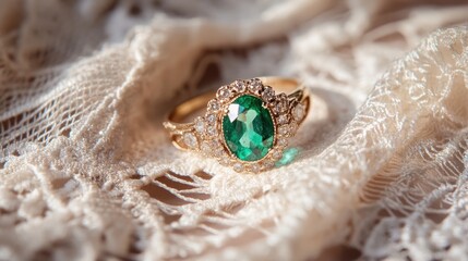 Elegant Green Emerald Ring on Vintage Lace Background