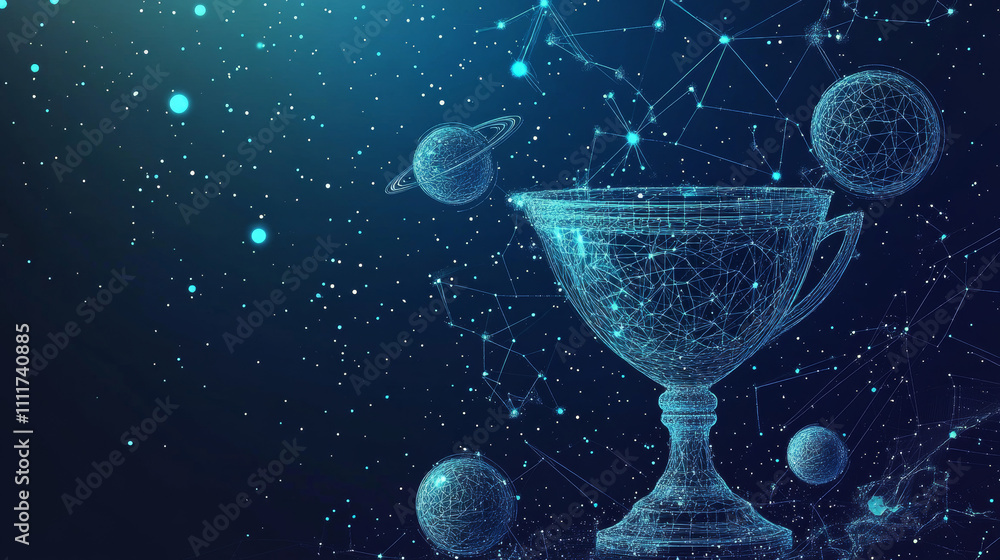 Poster abstract image of a champion cup in the form of a starry sky or space, consisting of points, lines, 