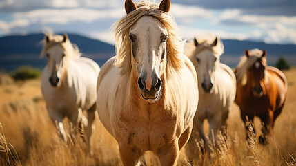 Obraz premium Horse herd run in sunlightwith dust at summer pasture