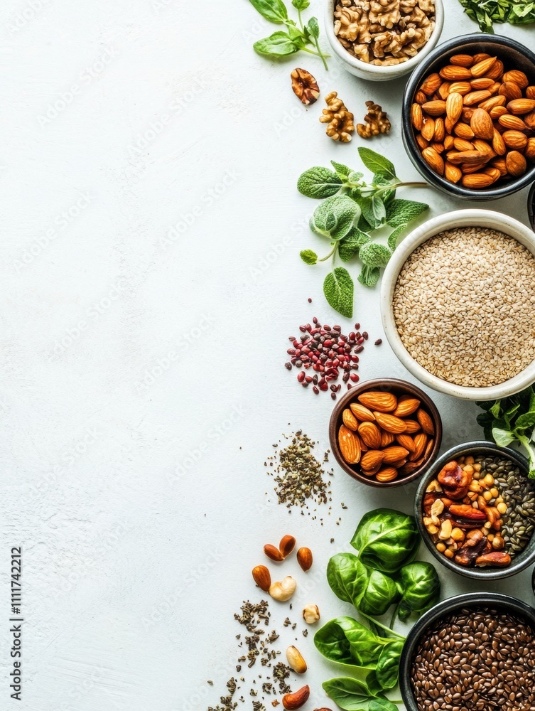 Poster Organic seeds, nuts, and fresh herbs are creatively arranged on a white background, providing ample space for additional text and information. Generative AI