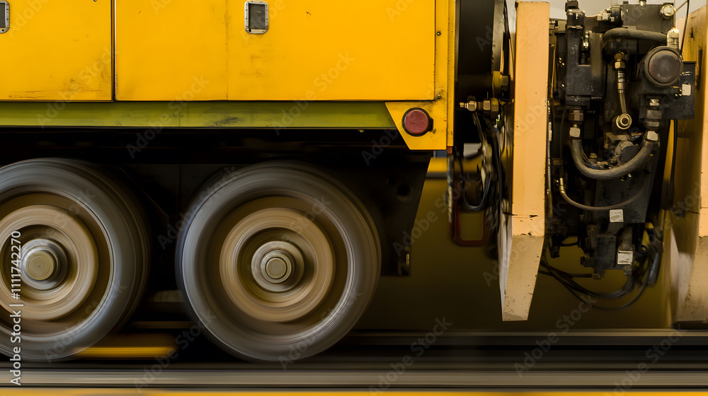 Poster a close-up view of a yellow industrial vehicle with large wheels, demonstrating motion and mechanica