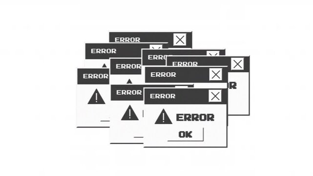 Animated retro computer window with an error message with glitch effect. Alpha channel
