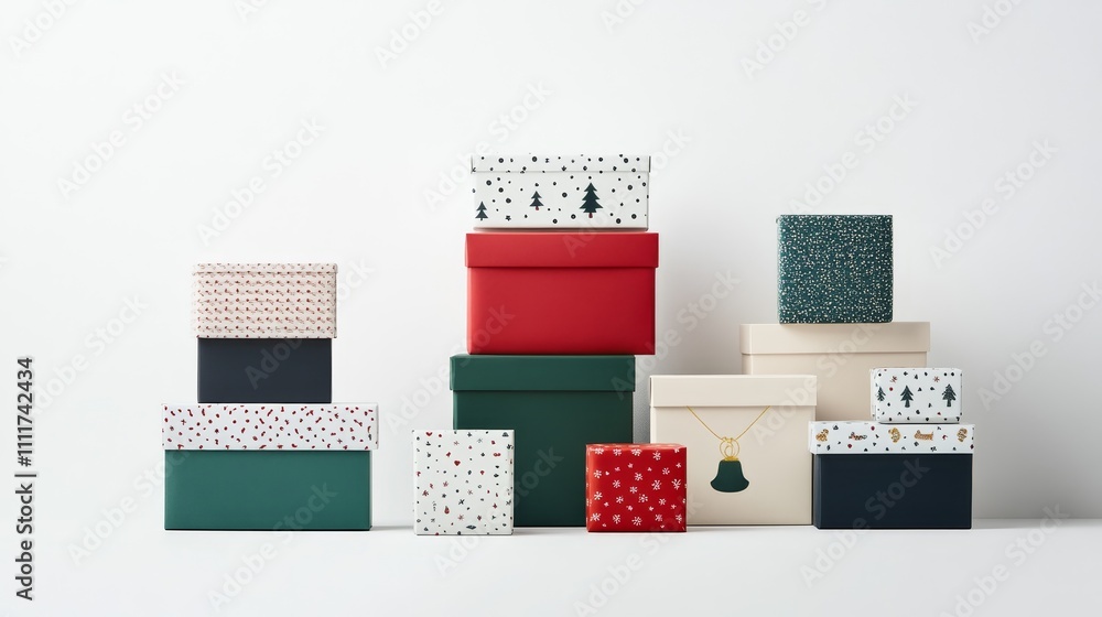 Poster a stack of boxes with a variety of patterns and colors