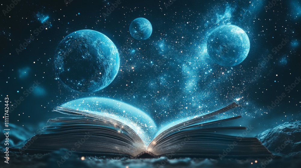 Poster abstract image of a open book in the form of a starry sky or space, consisting of points, lines, and