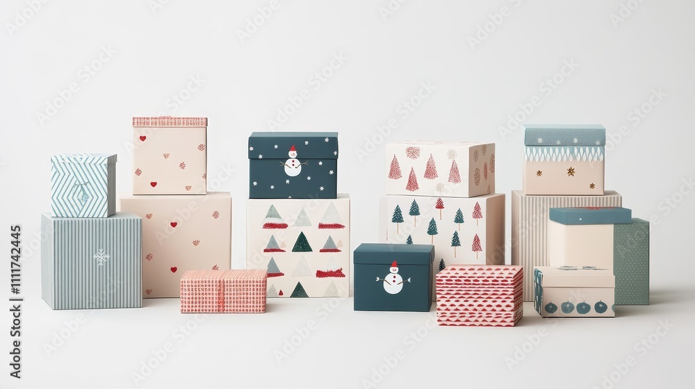 Poster a stack of boxes with a variety of patterns and colors