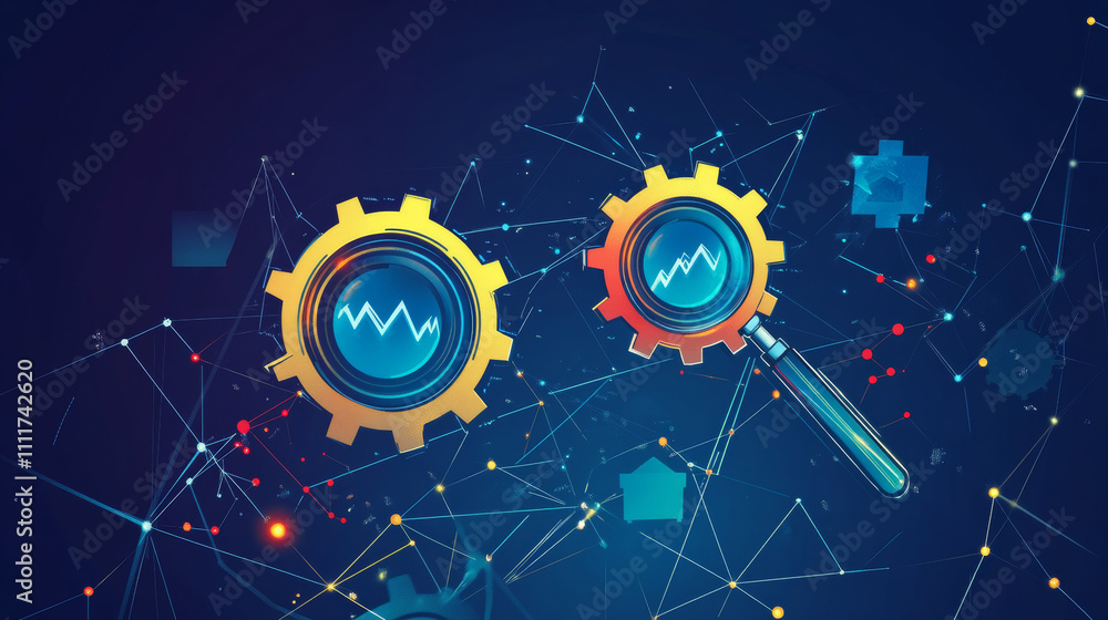 Poster analytics. magnifying glass and two gears. gearing vector low poly wireframe in the form of starry s