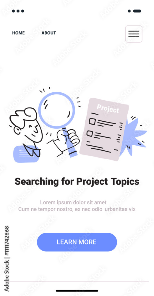 Poster searching for project topics concept person holding magnifying glass checklist minimal design mobile