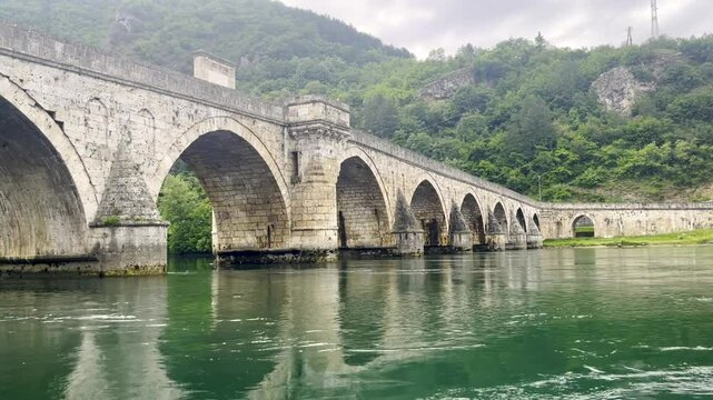 A close look from river boat to the Mehmed pasha Sokolovic bridge in Visegrad, Bosnia and Herzegovina.