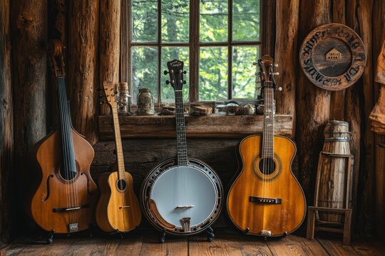 Wooden room, instruments, banjo, guitar, upright bass.