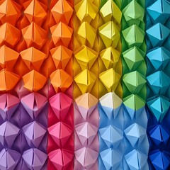 Obraz premium A vibrant display of colorful origami-like geometric shapes arranged in gradient patterns.