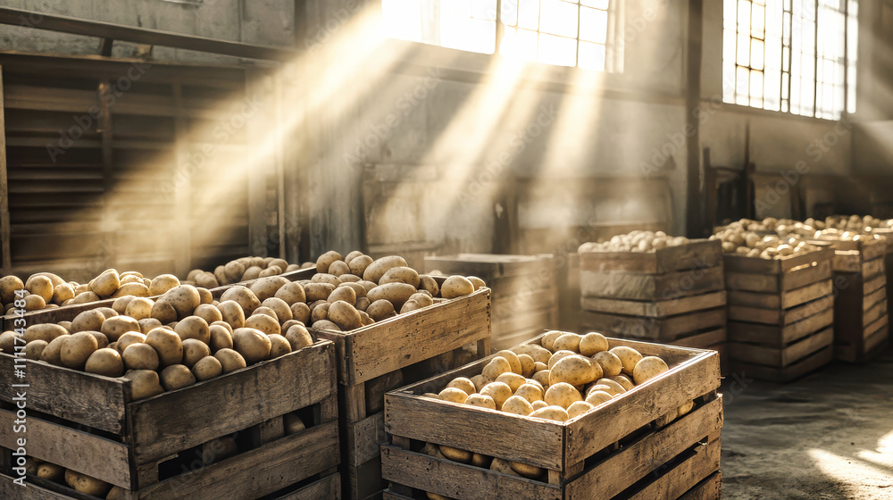 Poster warehouse filled with wooden crates overflowing with potatoes, illuminated by warm sunbeams streamin
