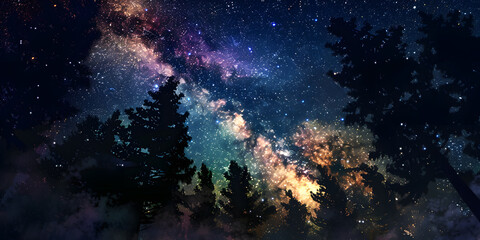 Obraz premium Immerse yourself in the breathtaking view of the Milky Way galaxy stretching across the night sky above a verdant forest. Perfect for content about space, nature, and observing stars