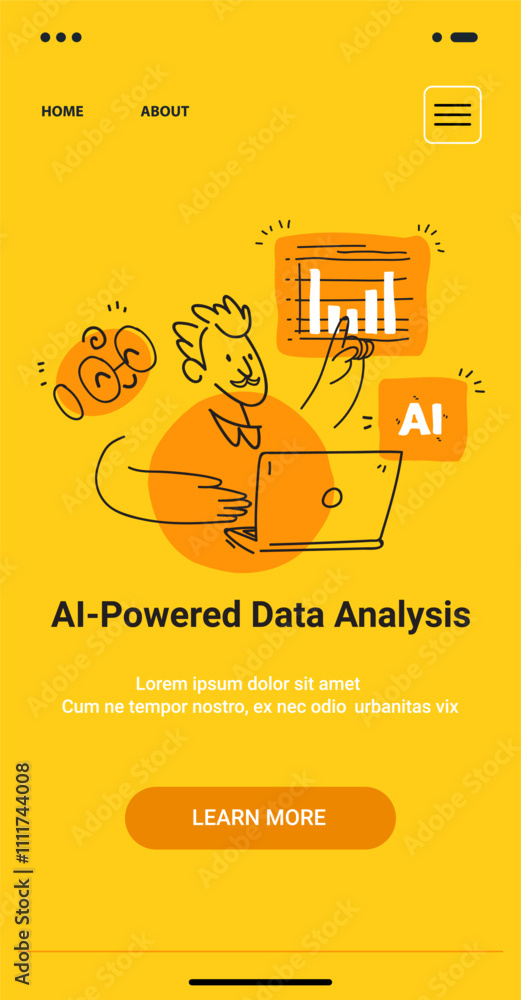 Poster ai-powered data analysis concept with person using laptop analyzing charts in vibrant yellow backgro