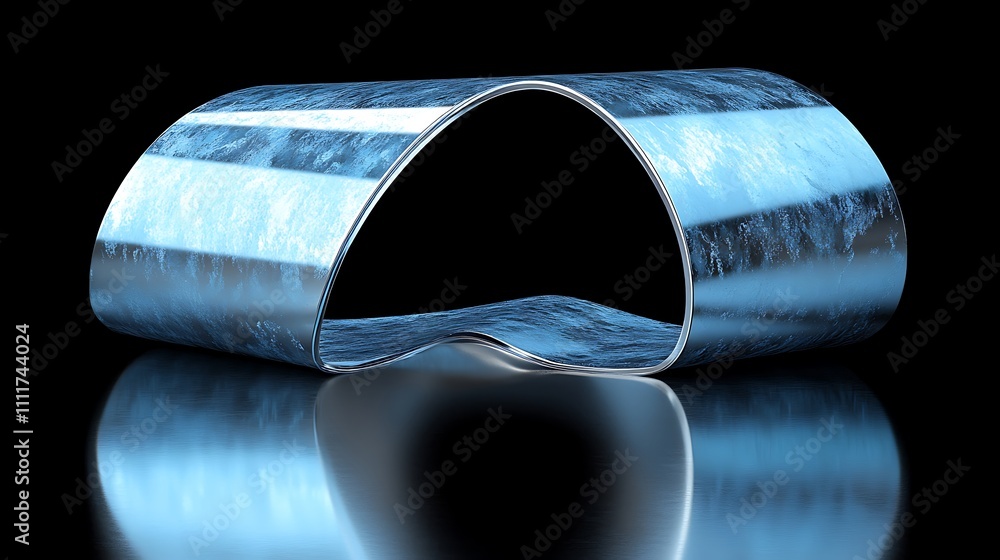 Poster abstract curved metallic structure with a reflective surface.