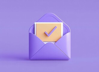 3d icon of an open mail envelope with a letter inside and a checkmark in cartoon style. realistic illustration isolated on purple background. 3d rendering