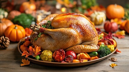 A beautifully roasted turkey surrounded by autumn vegetables and decor.