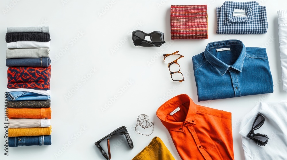 Fototapete collection of stylish shirts, pants, and accessories neatly displayed on a white background with amp