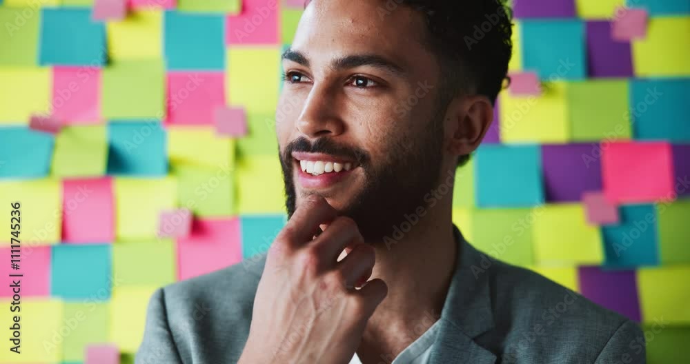 Poster Creative, future and sticky notes with business man in studio for planning or problem solving. Idea, thinking and vision with design employee at work, brainstorming solutions for project management
