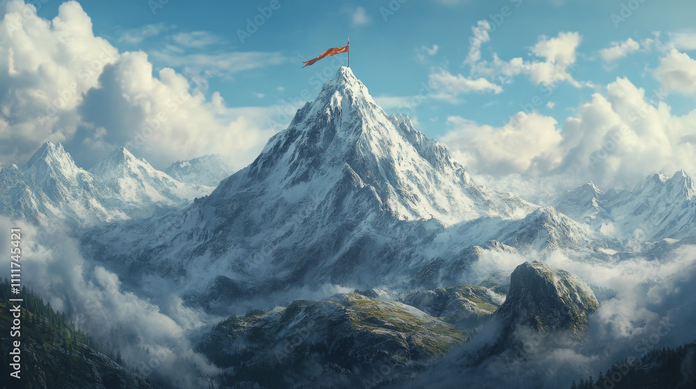 Poster abstract growth concept. the digital peak of a mountain with a flag on the top and arrows up. boosti