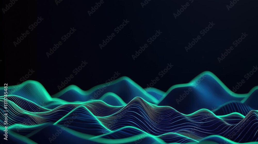 Poster abstract wave design with glowing lines on a dark background.