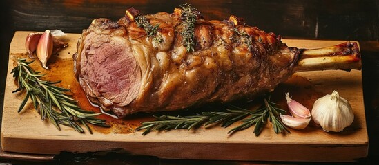Roast lamb is a traditional Easter dish- the leg of lamb is seasoned with garlic- rosemary- salt and pepper.