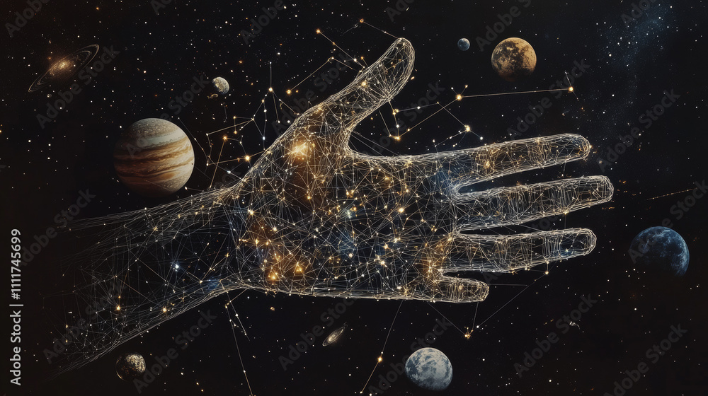 Poster abstract image of an open palm in the form of a starry sky or space, consisting of points, lines, an