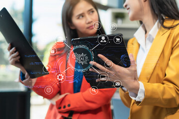 Digital transformation technology strategy, Person using laptop, tablet and smartphone with of...