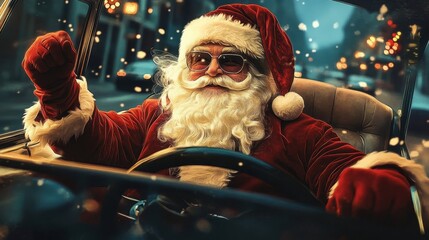 Portrait of Santa Claus driving a car. ai generative