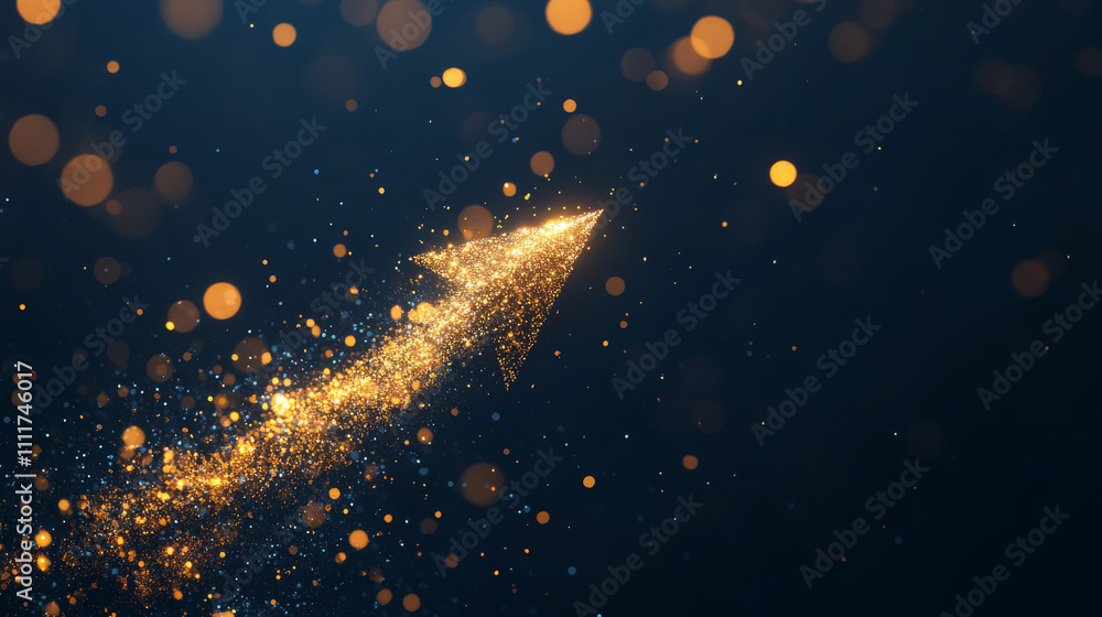 Poster low poly illustration of the arrow up with a golden dust effect. sparkle stardust. glittering vector