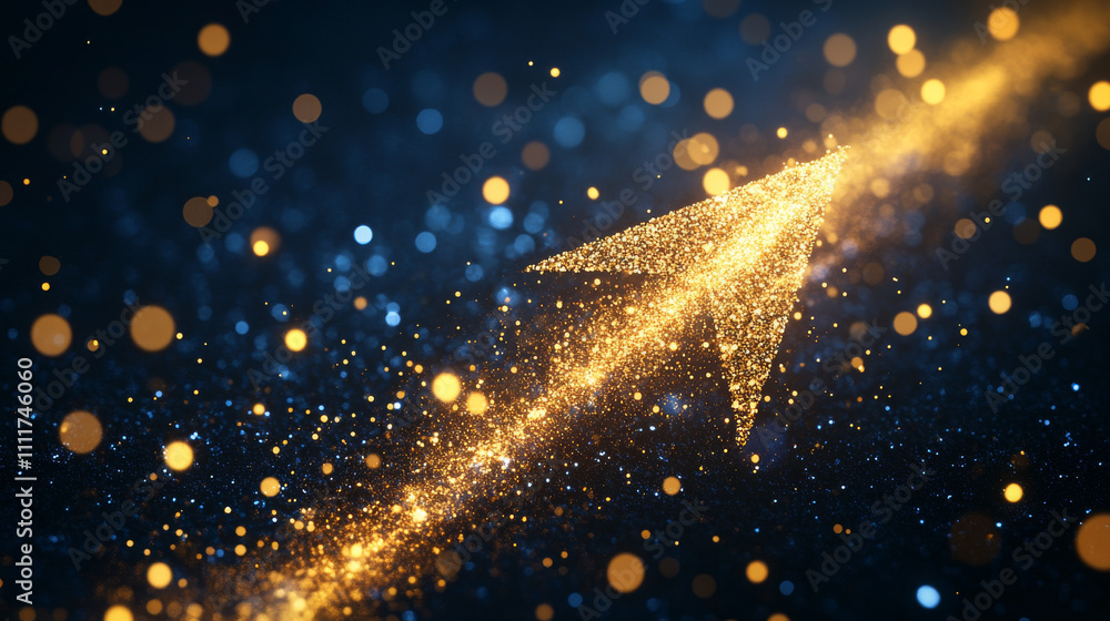 Poster low poly illustration of the arrow up with a golden dust effect. sparkle stardust. glittering vector