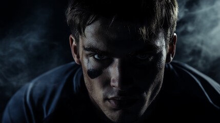 handsome man face football player in a football stadium, looking at the camera in Sweating, against a dark background