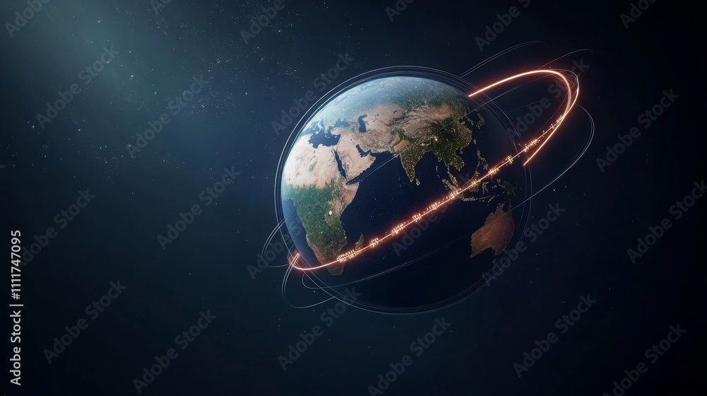Poster a blue and white globe with a network of lines and dots surrounding it