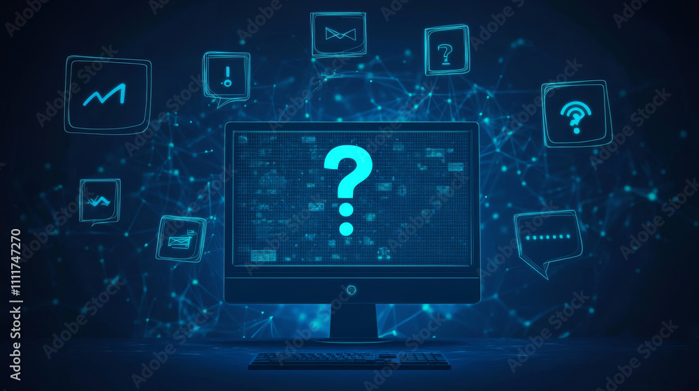 Poster chatbot abstract logo on a computer monitor screen and speech bubbles, question marks, and quote ico