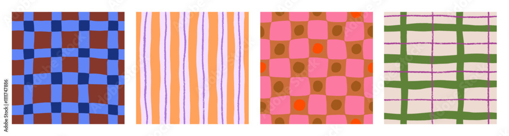 Aufkleber Seamless patterns set with checkered and striped prints. Geometric texture designs with grids, squares and lines. Endless repeating abstract background for textile, fabric. Flat vector illustration