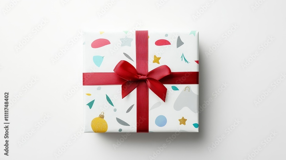 Poster a red bow is tied around a white box with a pattern of stars and other shapes