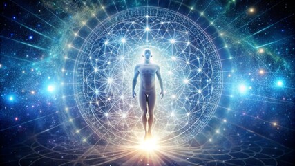 Mystical spiritual scene with translucent figure and cosmic energy in a celestial universe