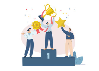 Business team holding trophies stand on podium, Successful team concepts, Winning business awards, Successfully Achieve Reward, Business team performance and ambition. Flat vector illustration design.